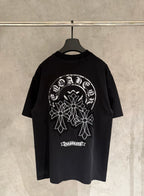Black short-sleeve T-shirt with large white back floral graphic print