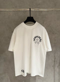 White crewneck T-shirt with small chest graphic print and short sleeves