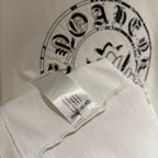 White T-shirt interior label and back graphic print detail near neckline