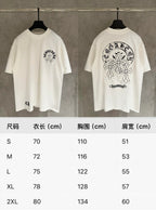 Pair of white graphic crewneck T-shirts, one front view and one back view
