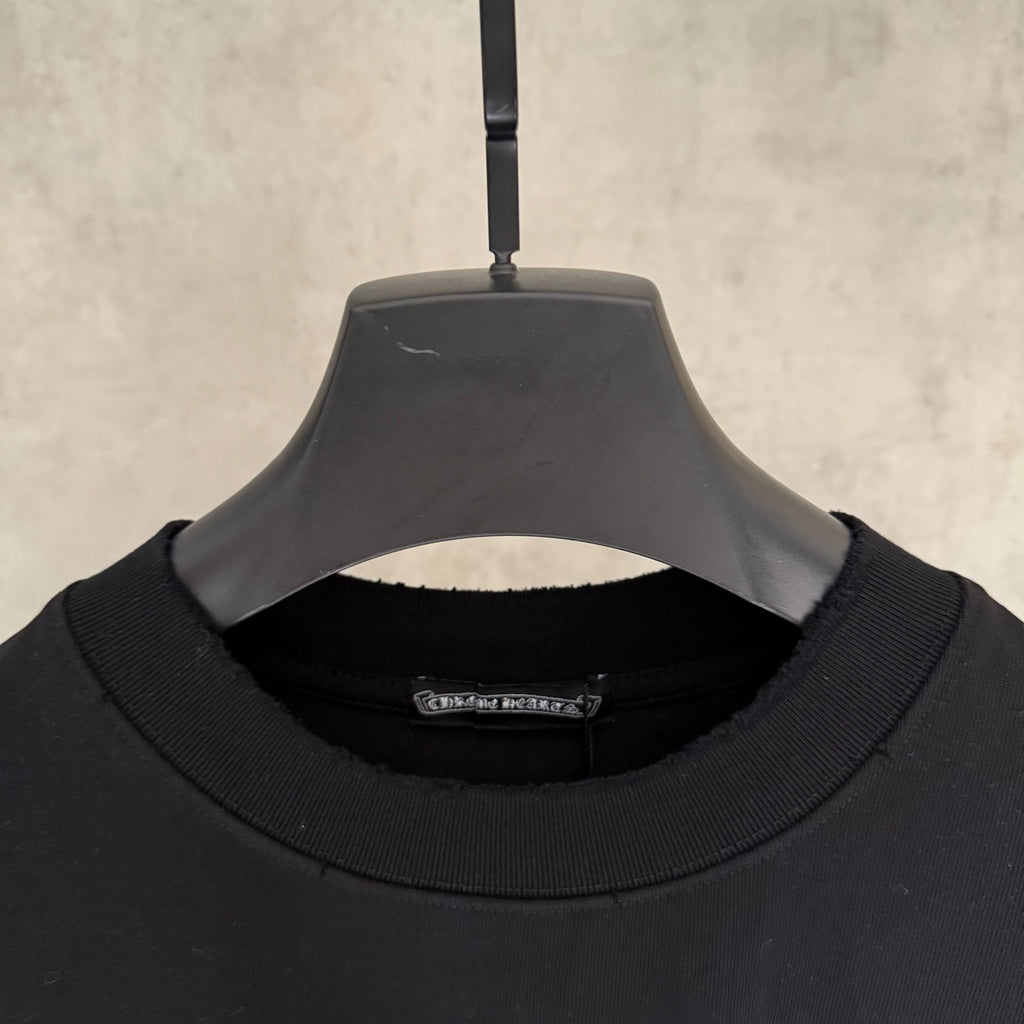 Black short-sleeve T-shirt with ribbed crew neck and inner neck label