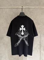 Black short-sleeve T-shirt with large white cross and flower graphic on the back