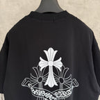 Black short-sleeve T-shirt back with large white floral cross graphic