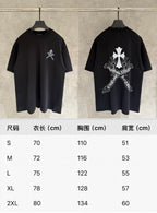 Black short-sleeve T-shirt front and back with size chart (S to 2XL)