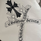 White T-shirt front graphic: black flower cross and ribbon text print