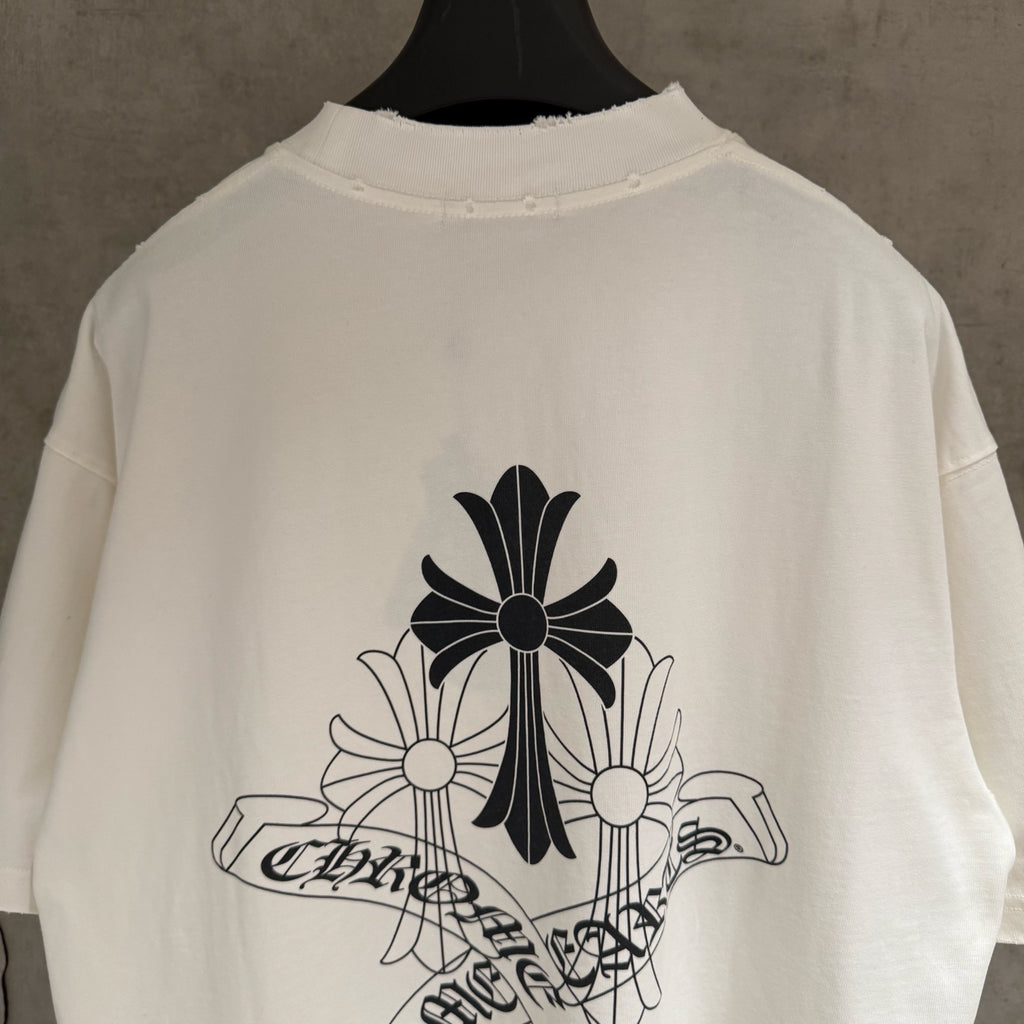 White short-sleeve T-shirt back view with large black cross-flower logo
