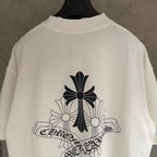 White short-sleeve T-shirt back view with large black cross-flower logo