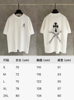 Two white short-sleeve T-shirts on hangers, one small and one large black logo