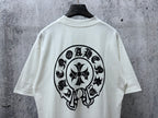 White short-sleeve T-shirt with large black circular skull graphic centered on the back