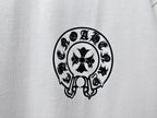 White T-shirt close-up of black circular skull graphic