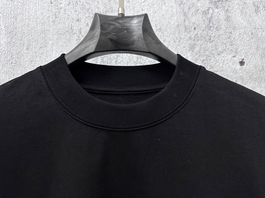 Black short-sleeve T-shirt neckline and collar ribbing, no visible graphic