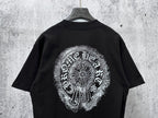 Black short-sleeve T-shirt with large circular chrome-style back graphic