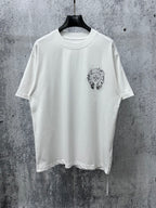 White short-sleeve T-shirt with small chest graphic