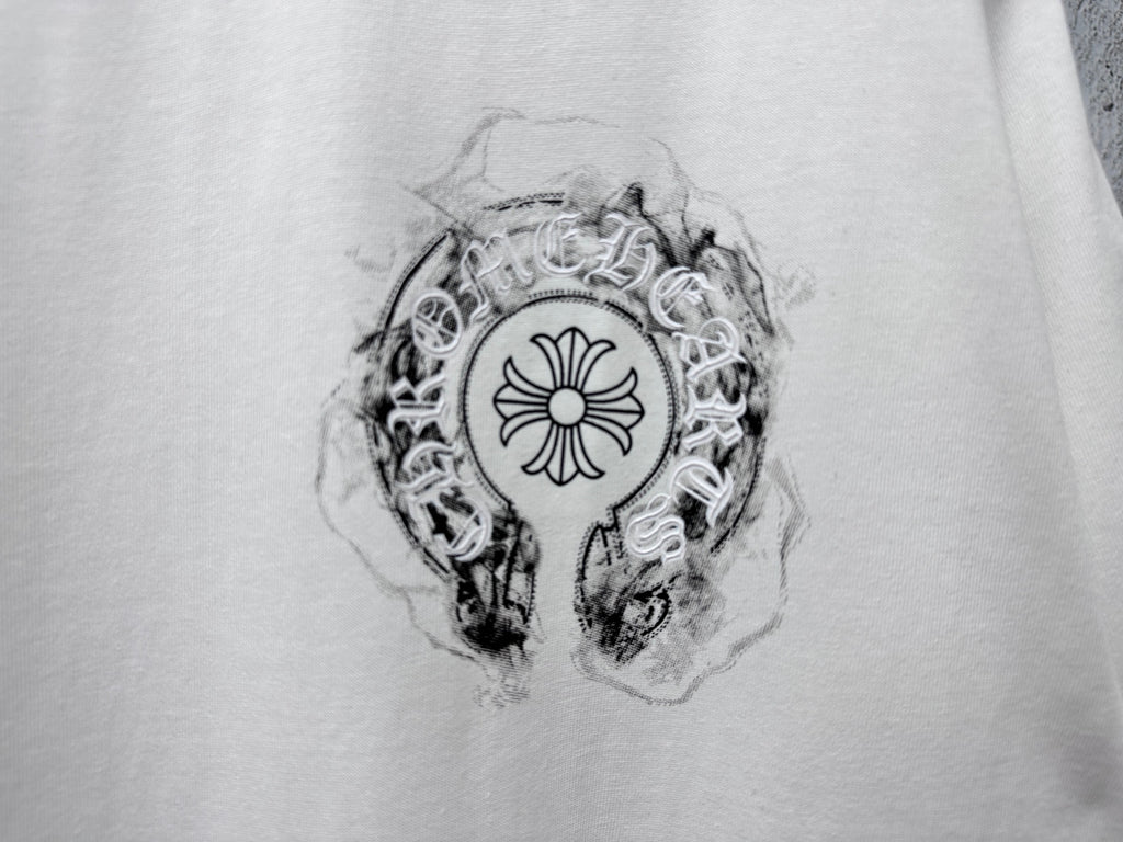 White T-shirt with detailed circular emblem graphic