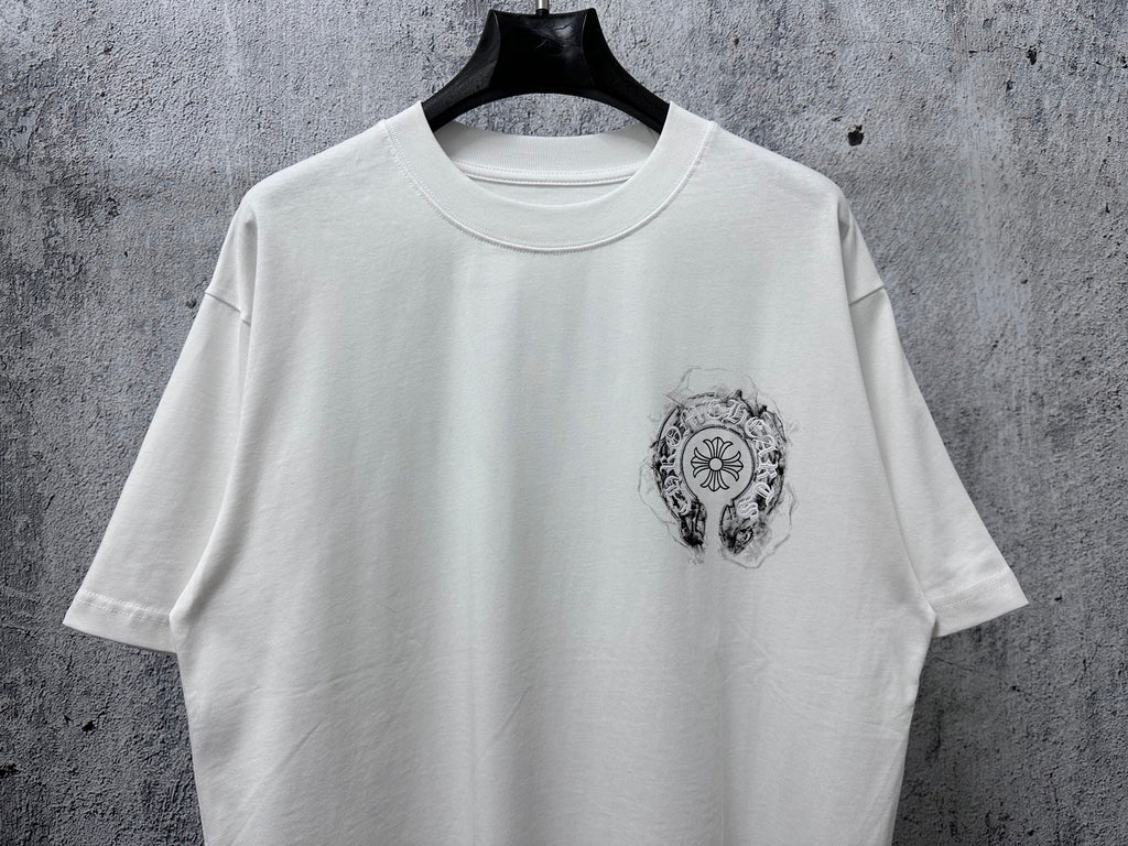 White short-sleeve T-shirt with circular chest graphic