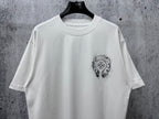 White short-sleeve T-shirt with circular chest graphic