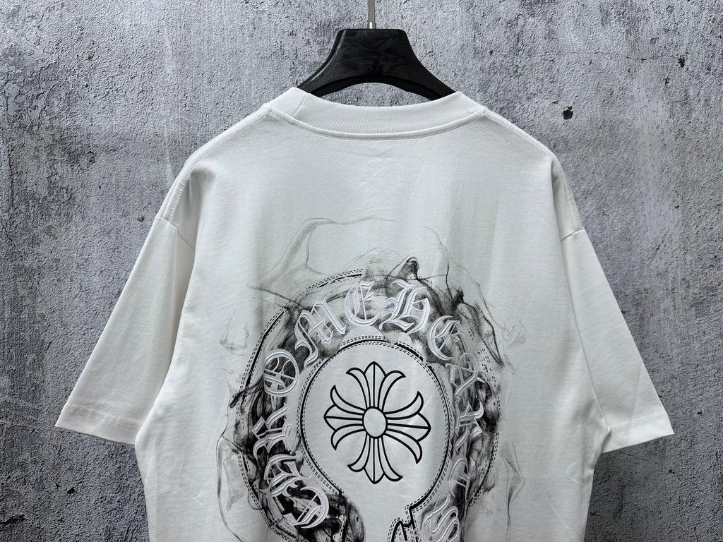 White short-sleeve T-shirt with large circular back emblem graphic