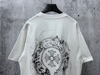White short-sleeve T-shirt with large circular back emblem graphic