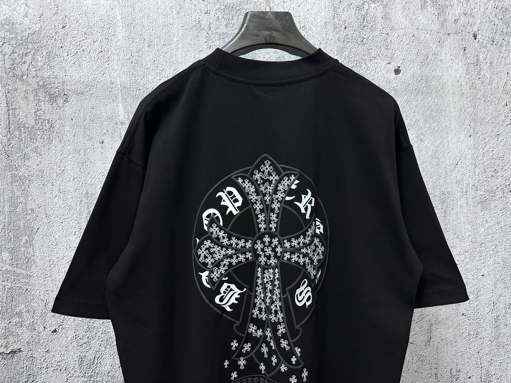 Black short-sleeve crewneck T-shirt with large white cross graphic on back
