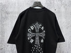 Black short-sleeve crewneck T-shirt with large white cross graphic on back