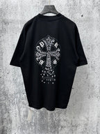 Black short-sleeve crewneck T-shirt with large white cross graphic on back