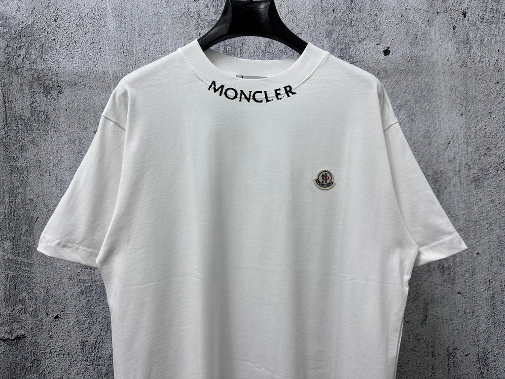 White Moncler crew-neck T-shirt with small logo patch on left chest
