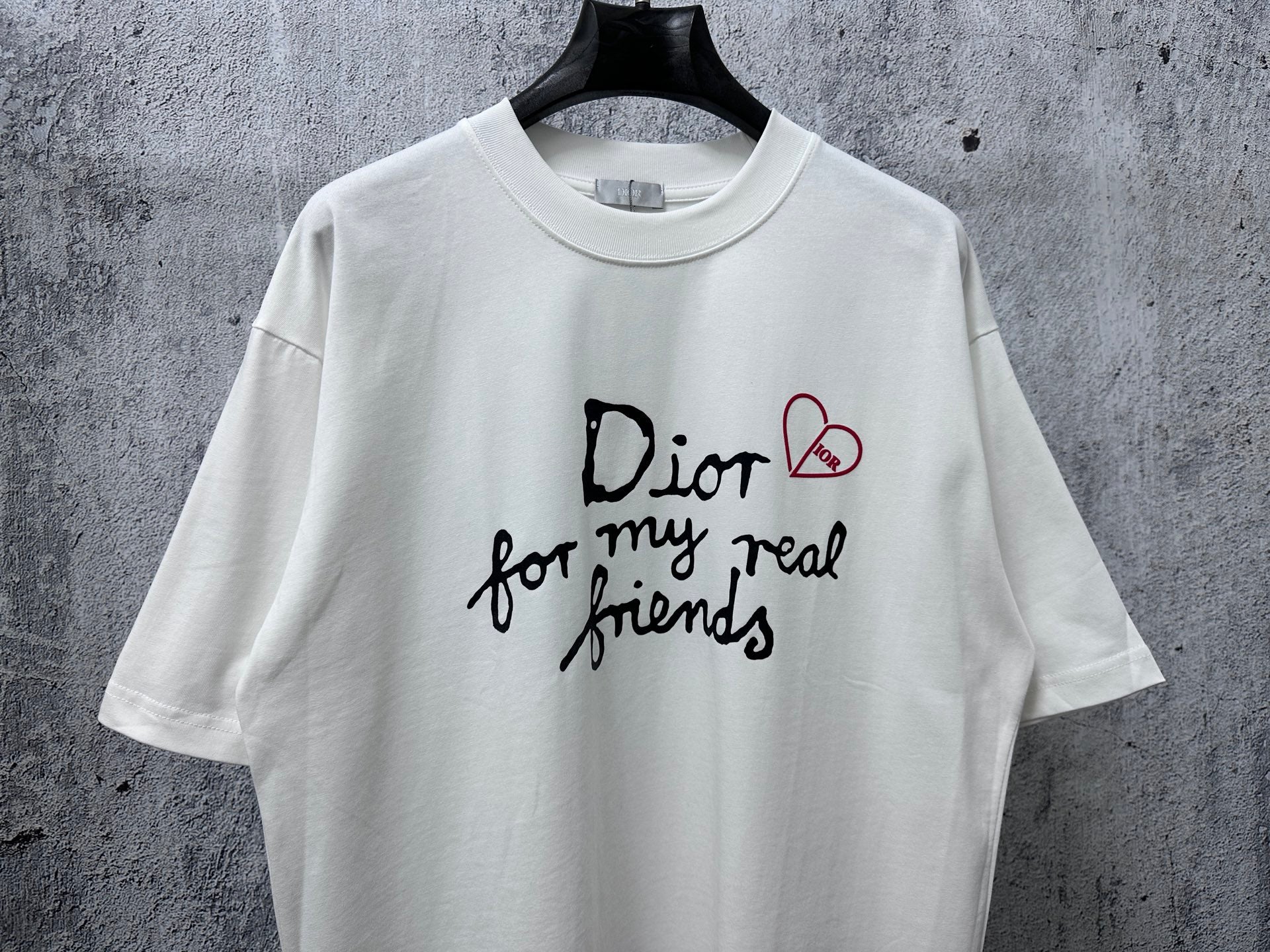 White crewneck T-shirt front with script Dior for my real friends logo