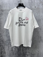 White crewneck T-shirt with black and red Dior-style graphic on front