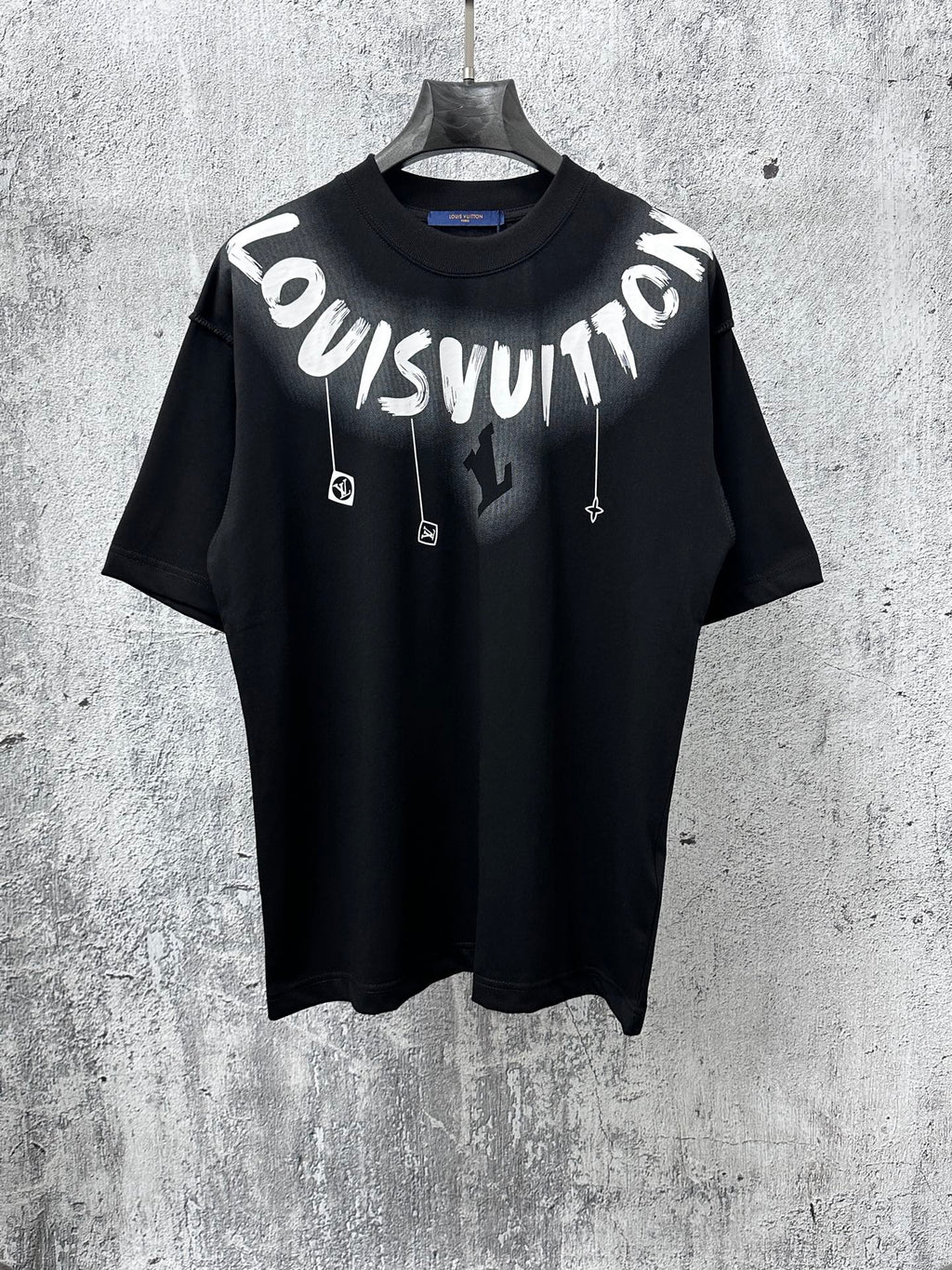 Louis Vuitton short-sleeve T-shirt with white graffiti logo print on black