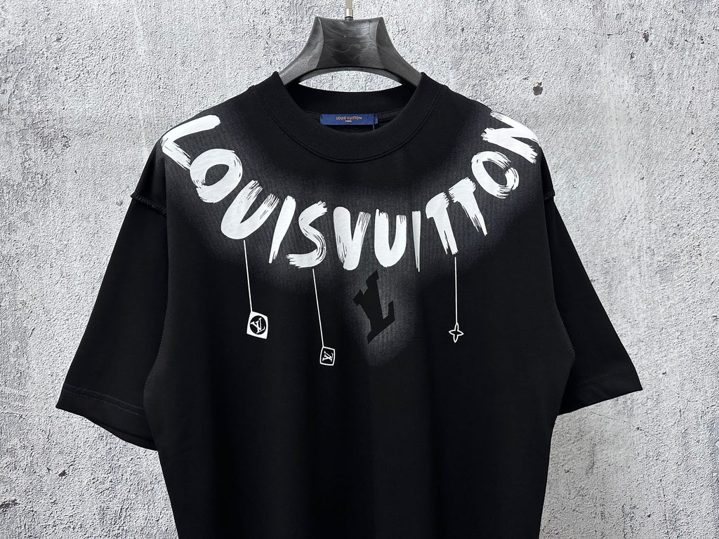 Front view short-sleeve black T-shirt with white graffiti logo and icons