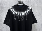Front view short-sleeve black T-shirt with white graffiti logo and icons