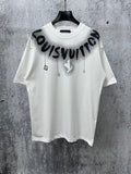 White T-shirt with black “Louisvuitton” graphic print and small charm icons