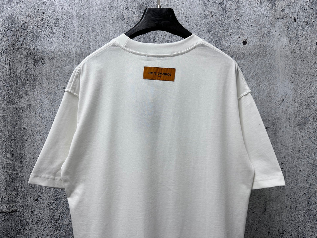 White T-shirt back with small rectangular label near the collar