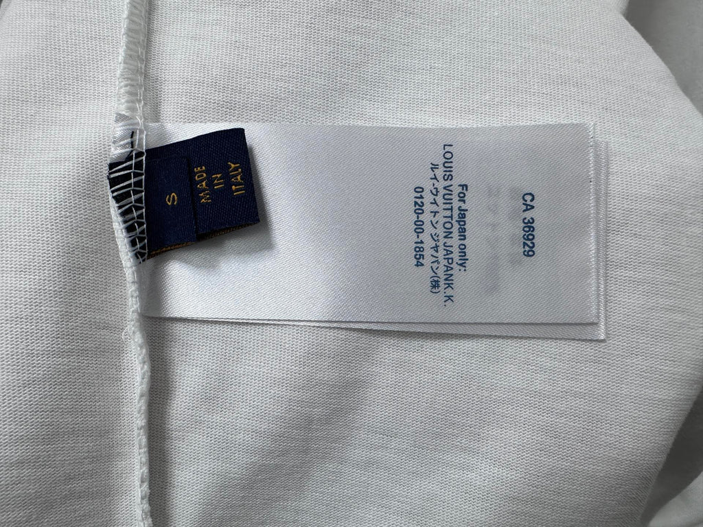 White T-shirt fabric tag and care label with printed product information