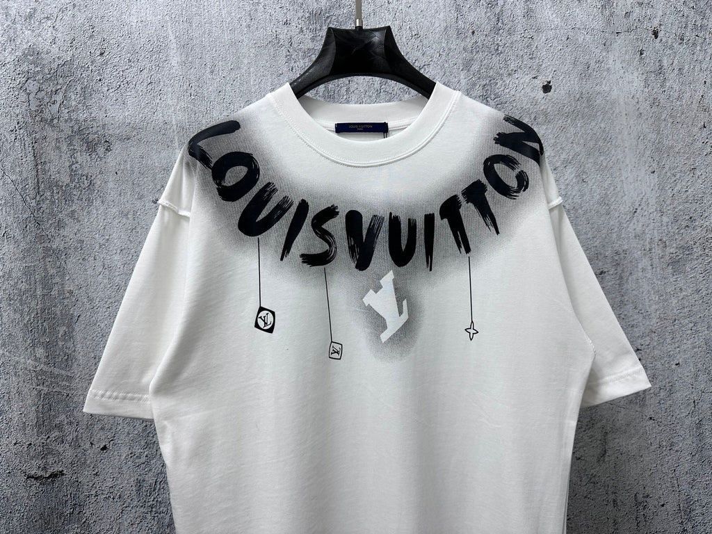 White T-shirt with black “Louisvuitton” graphic print and small hanging charm icons