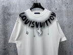 White T-shirt with black “Louisvuitton” graphic print and small hanging charm icons