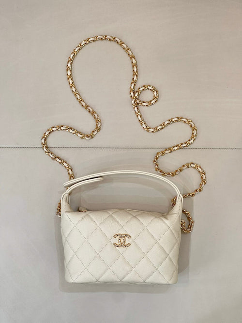Chanel quilted mini bag, white, with gold chain strap and top handle