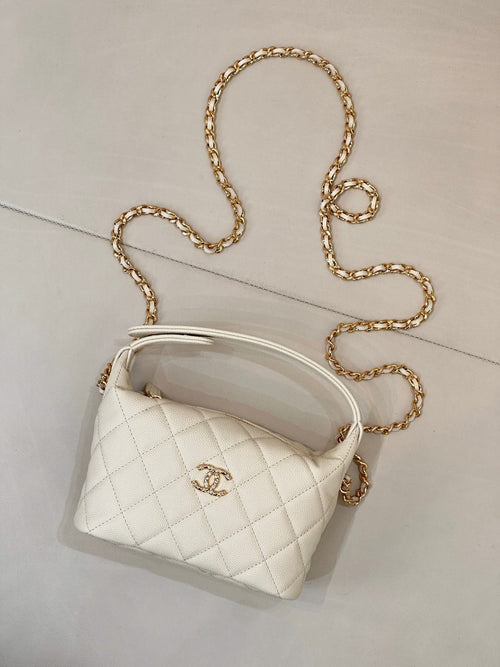 Chanel quilted mini bag, white, with gold chain strap and logo front