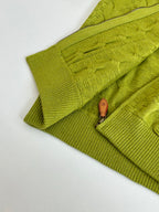 Lime green knit cardigan zipper with brown leather pull and textured knit