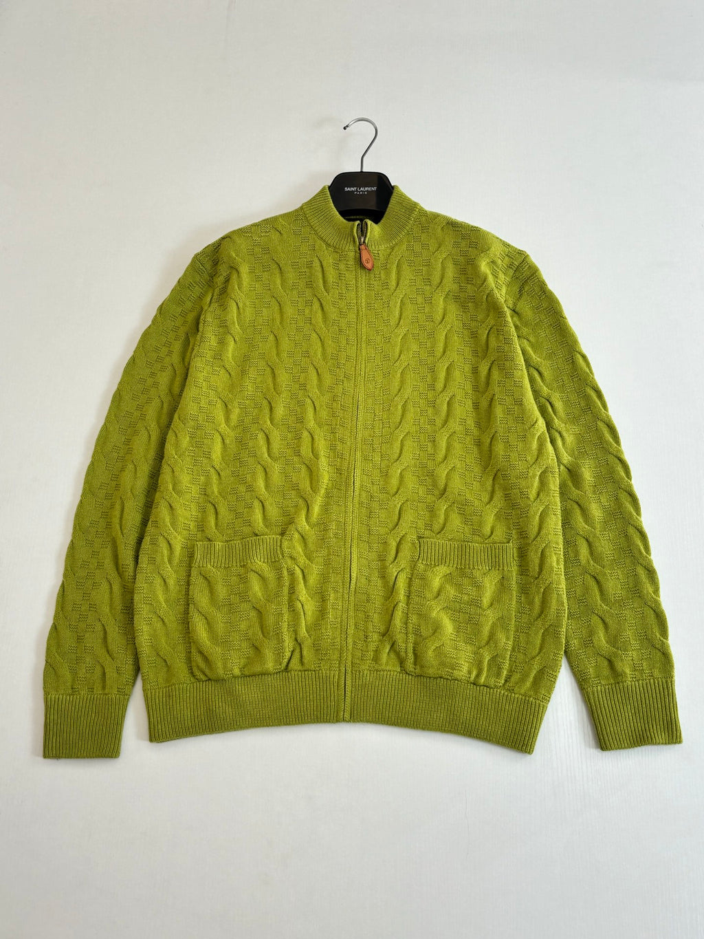 Lime green knit zip cardigan with ribbed hem and cuffs