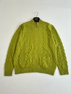 Lime green knit zip cardigan with ribbed hem and cuffs