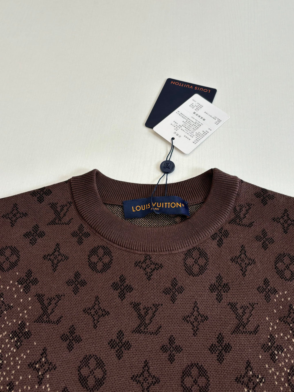 Louis Vuitton monogram crewneck shirt with neckline and brand label, dark brown
