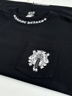 Black short-sleeve T-shirt with front pocket and white graphic print