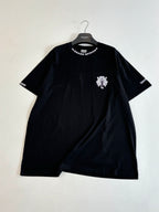 Black short-sleeve T-shirt with chest crest patch and small logo at collar