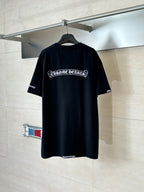 Black crew-neck T-shirt with large back logo print and short sleeves