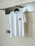 White short-sleeve T-shirt with chest logo patch and small sleeve print