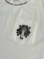 White T-shirt with front pocket and black crest graphic