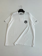 White crew-neck T-shirt with chest crest and sleeve text prints
