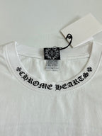 White crewneck T-shirt neckline with black printed collar text