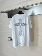 White short-sleeve T-shirt on hanger, back large cross-style graphic print
